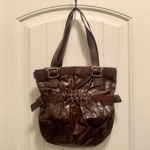 DKNY Burgundy Brown/Red/Purple Leather Silver Buckle Belt Side Knot Tie Tote Bag